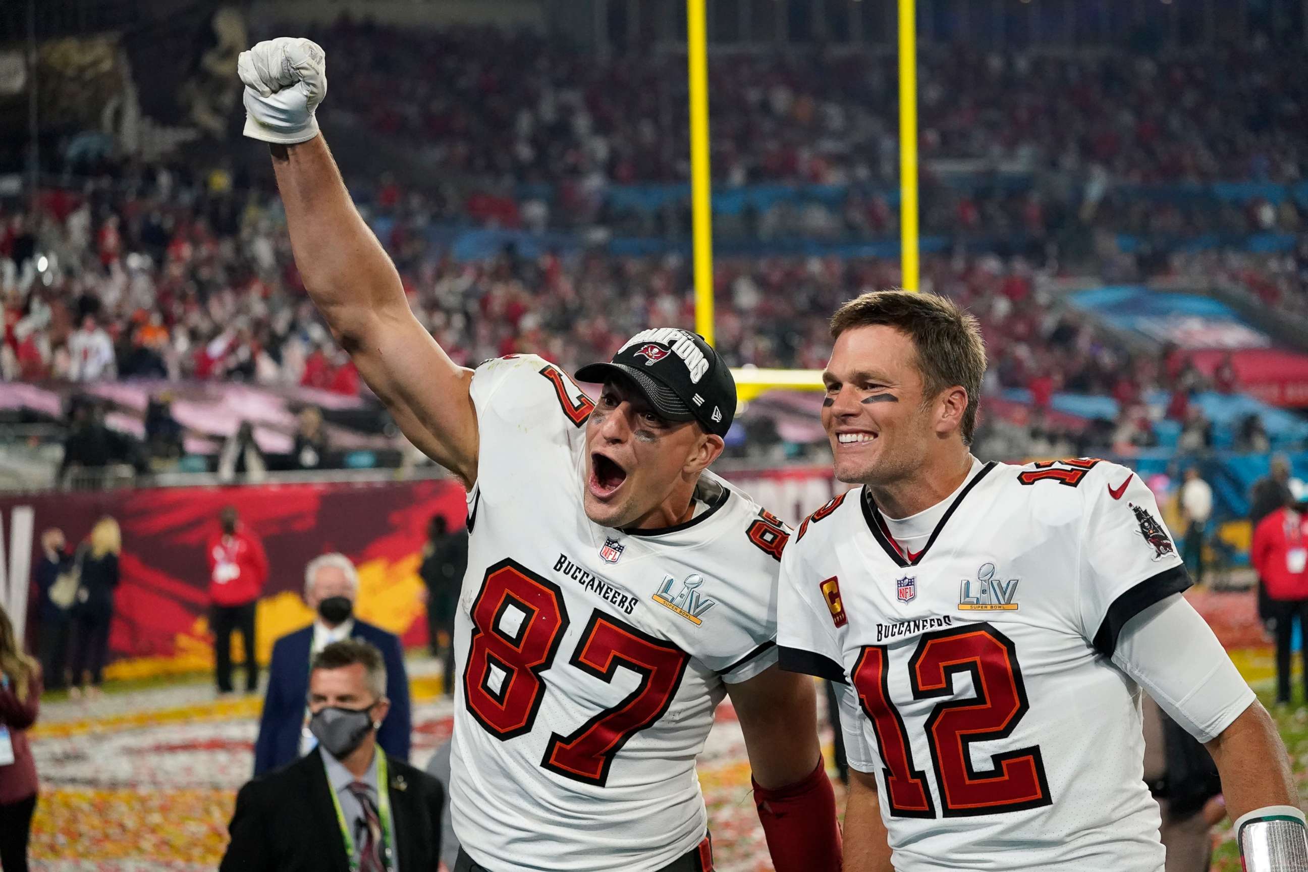 PHOTO: Tampa Bay Buccaneers tight end Rob Gronkowski, left, and quarterback Tom Brady celebrate after defeating the Kansas City Chiefs in the NFL Super Bowl 55 football game, Feb. 7, 2021, in Tampa, Fla.