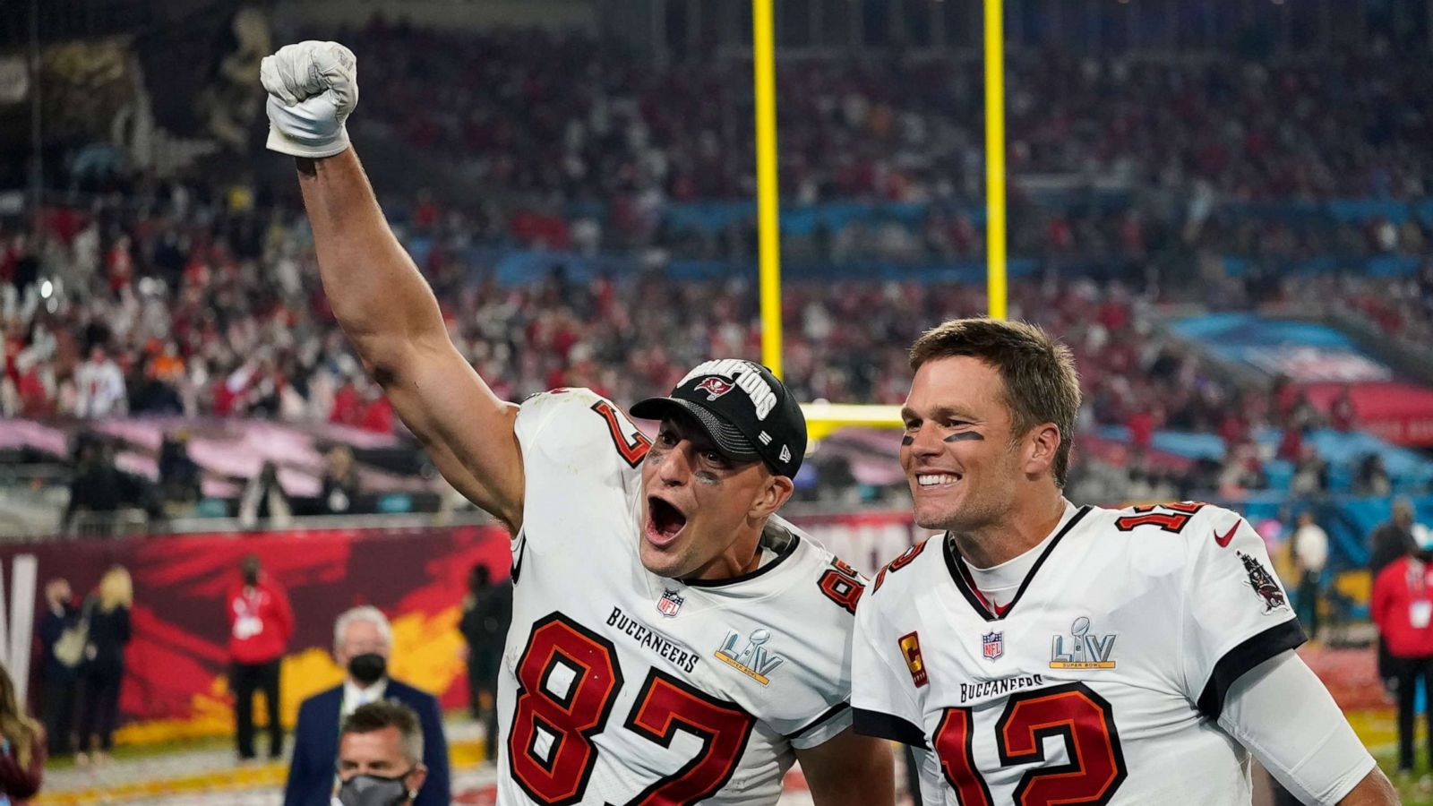 PHOTO: Tampa Bay Buccaneers tight end Rob Gronkowski, left, and quarterback Tom Brady celebrate after defeating the Kansas City Chiefs in the NFL Super Bowl 55 football game, Feb. 7, 2021, in Tampa, Fla.