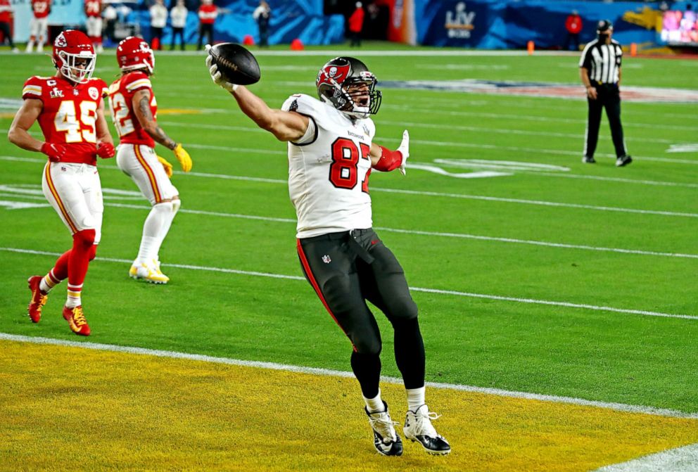 PHOTO: Tampa Bay Buccaneers tight end Rob Gronkowski celebrates scoring a touchdown during the first quarter against the Kansas City Chiefs in Super Bowl LV at Raymond James Stadium, Feb 4, 2020, Tampa, Fla.