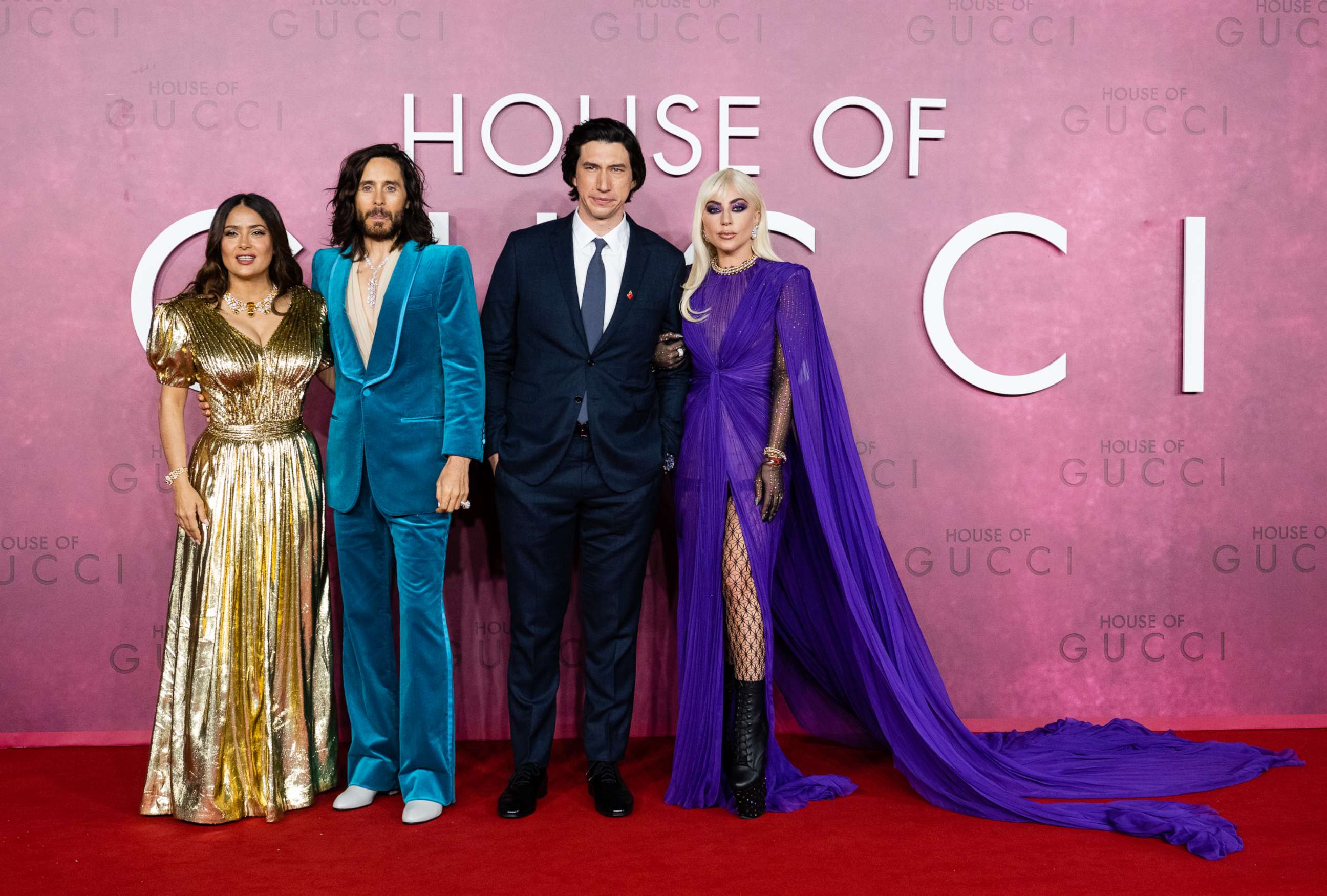 PHOTO: Salma Hayek, Jared Leto, Adam Driver and Lady Gaga attend the UK Premiere Of "House of Gucci" at Odeon Luxe Leicester Square on Nov. 9, 2021, in London.