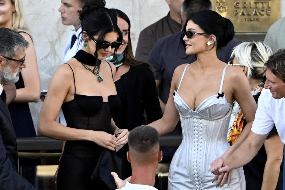PHOTO: Kylie Jenner and Kendall Jenner leave the Gritti Palace Hotel on the wedding day of Amazon founder Jeff Bezos with Lauren Sanchez, in Venice, Italy, on June 27, 2025.