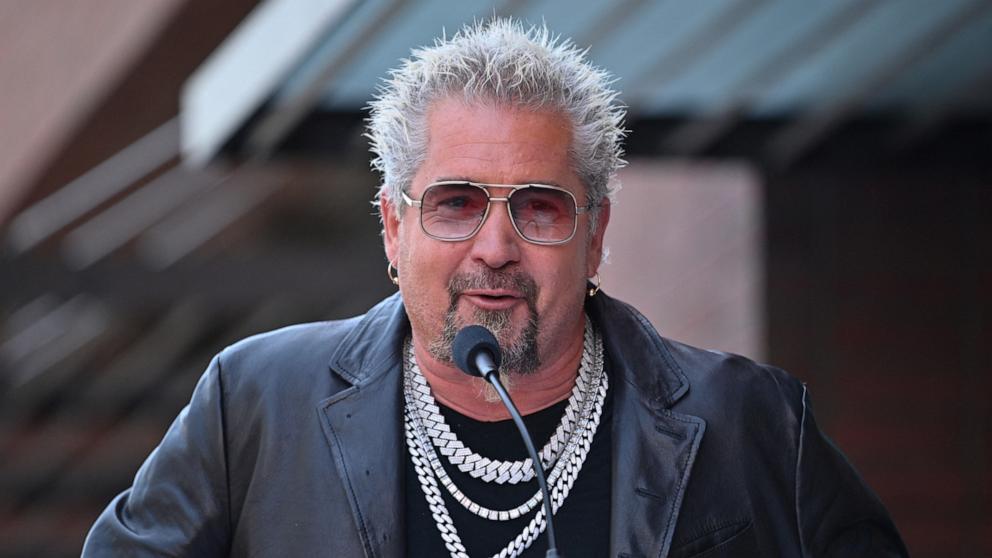 PHOTO: Celebrity chef and businessman Guy Fieri speaks at the Hollywood Walk of Fame Star ceremony for Sammy Hagar (not in photo) in Hollywood, California, on April 30, 2024.