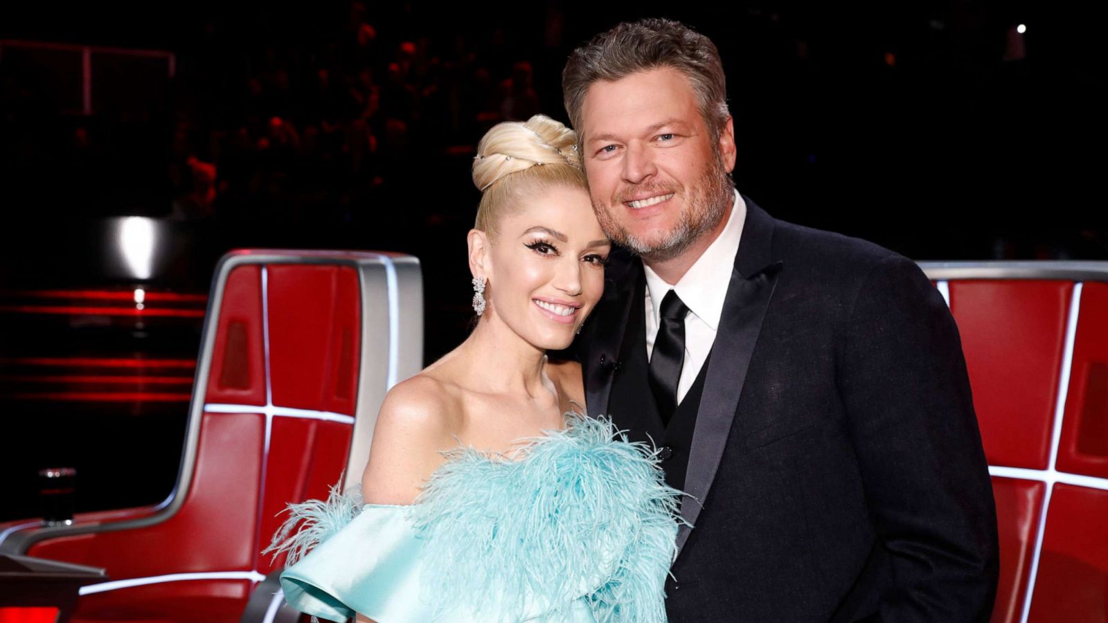 PHOTO: In this Dec. 17, 2019, file photo, Gwen Stefani and Blake Shelton are shown on the set of "The Voice."