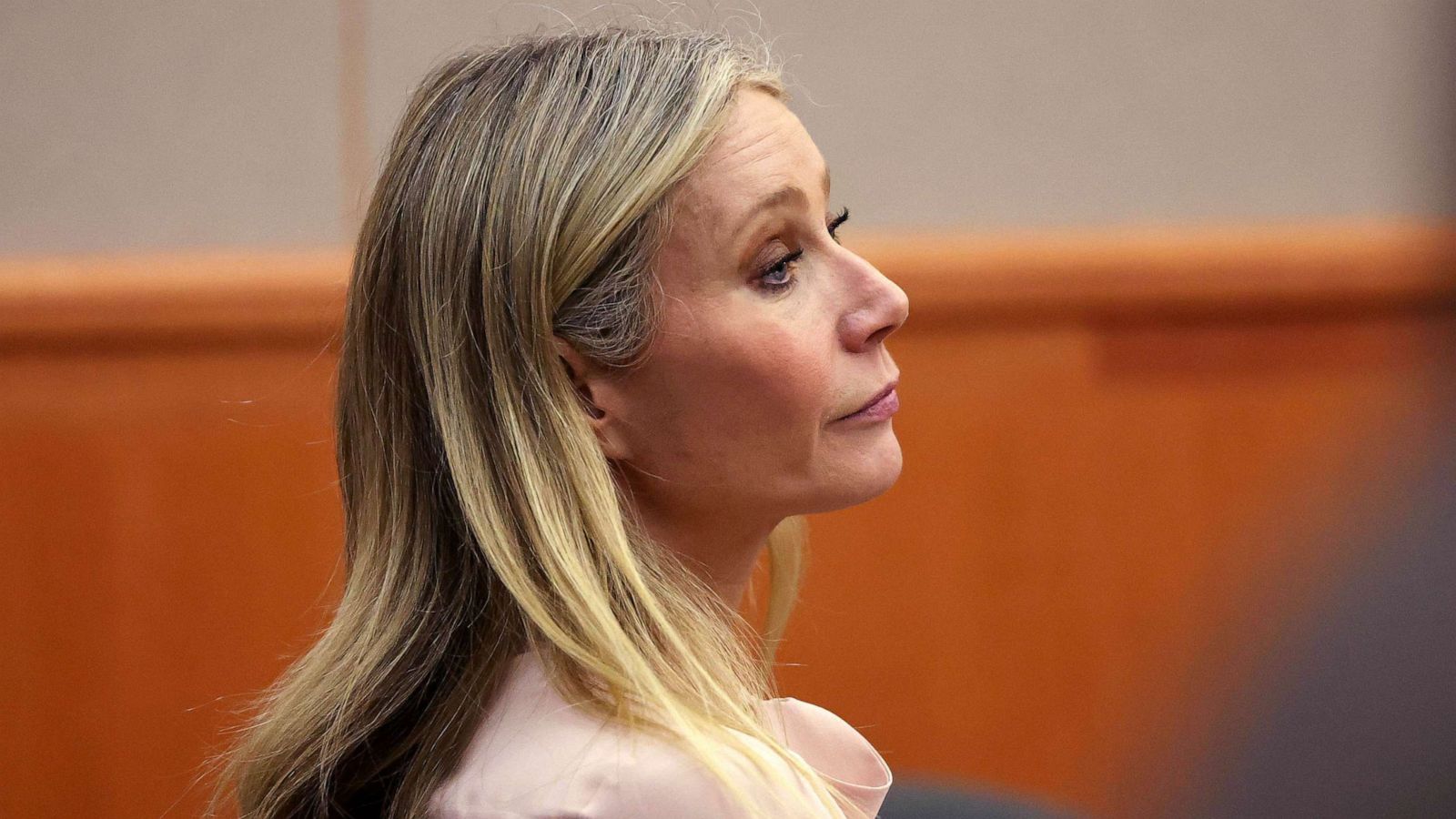 PHOTO: Actress Gwyneth Paltrow listens in court during her civil trial over a collision with another skier at the Park City District Courthouse on March 28, 2023, in Park City, Utah.