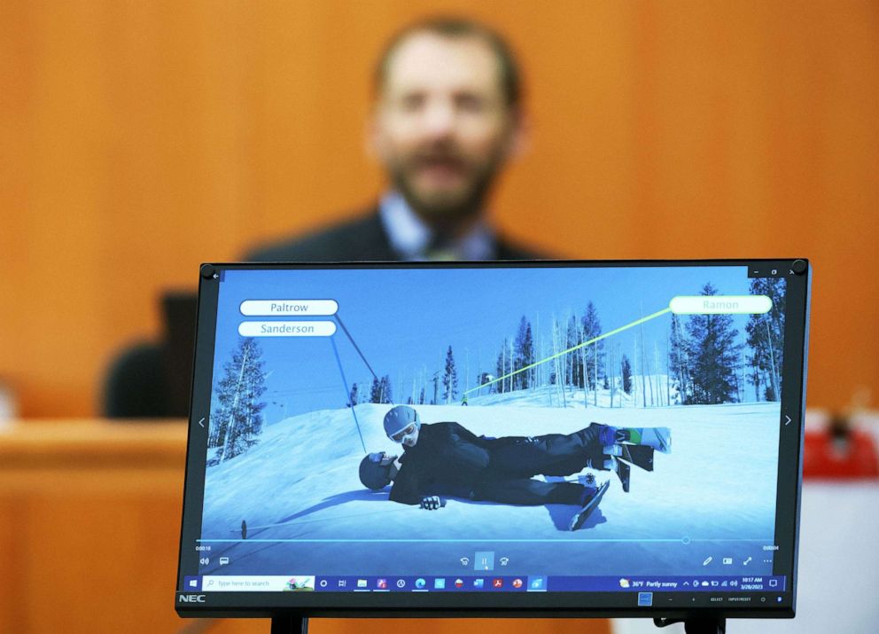 PHOTO: Dr. Irving Scher shows an accident simulation during Gwyneth Paltrow's civil trial over a collision with another skier at the Park City District Courthouse on March 28, 2023, in Park City, Utah.