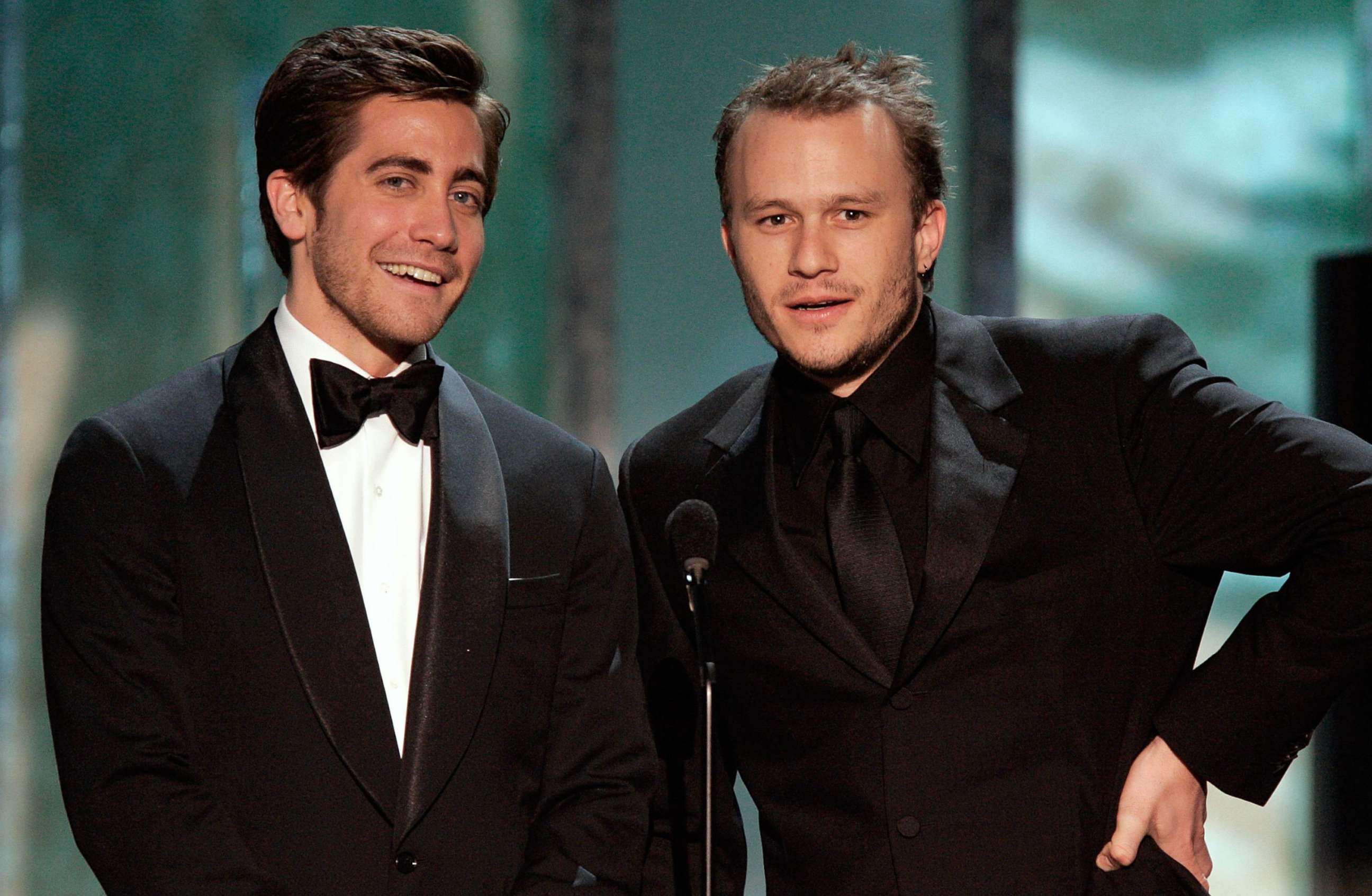 PHOTO: Jake Gyllenhaal and Heath Ledger speak onstage during the 12th Annual Screen Actors Guild Awards held at the Shrine Auditorium, on Jan. 29, 2006, in Los Angeles.