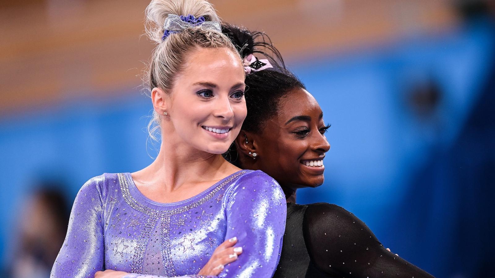 PHOTO: Mykayla Skinner, left, and Simone Biles of the United States during a training session at the Ariake Gymnastics Arena ahead of the start of the 2020 Tokyo Summer Olympic Games in Tokyo, July 22, 2021.