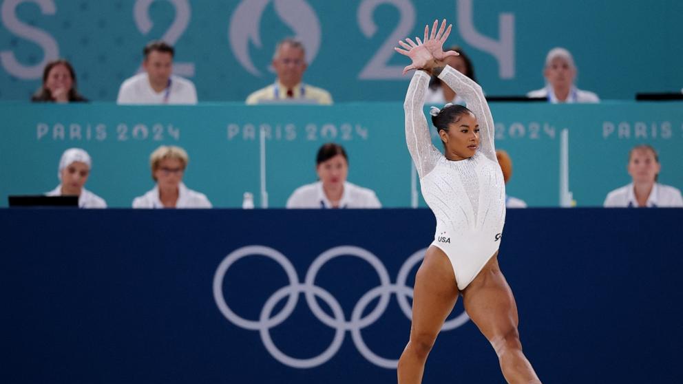 PHOTO: Jordan Chiles of United States at the Paris 2024 Olympics Artistic Gymnastics Women's Floor Exercise Final in Bercy Arena in Paris, Aug. 5, 2024.