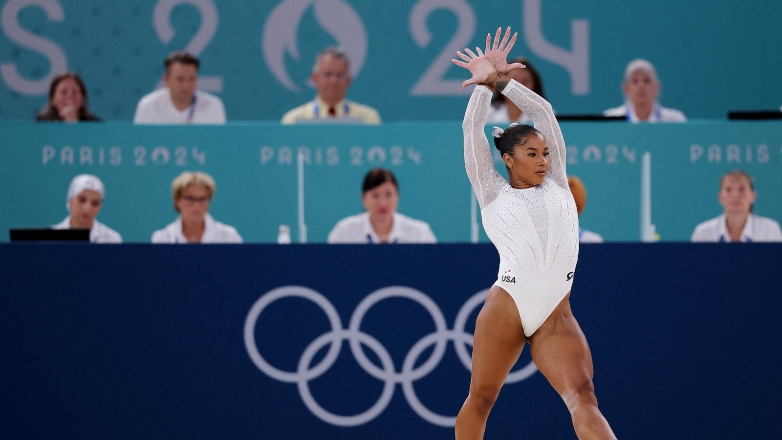 PHOTO: Jordan Chiles of United States at the Paris 2024 Olympics Artistic Gymnastics Women's Floor Exercise Final in Bercy Arena in Paris, Aug. 5, 2024.