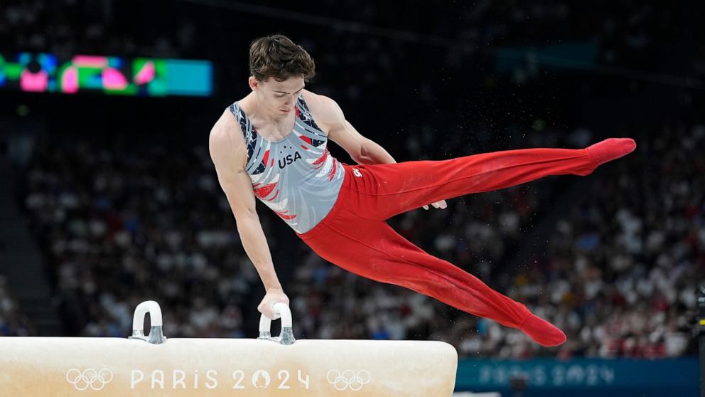 PHOTO: Stephen Nedoroscik, of United States, performs on the pommel during the men's artistic gymnastics team finals round at Bercy Arena at the 2024 Summer Olympics, July 29, 2024, in Paris.