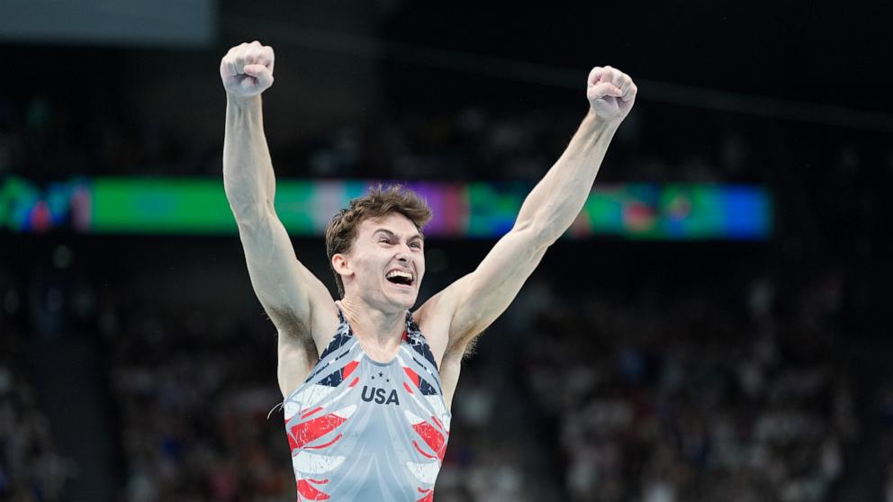 PHOTO: Stephen Nedoroscik, of the United States, performs on the pommel horse during the men's artistic gymnastics team finals round at Bercy Arena at the 2024 Summer Olympics, July 29, 2024, in Paris.