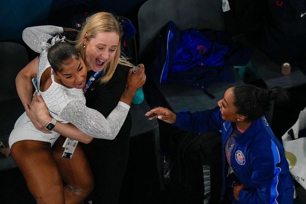 PHOTO: Jordan Chiles, of the United States, and Simone Biles, of the United States, celebrate after the women's artistic gymnastics individual floor finals in Bercy Arena at the 2024 Summer Olympics, Aug. 5, 2024, in Paris.