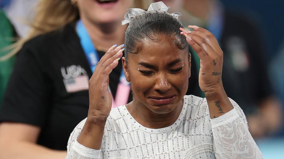 PHOTO: Jordan Chiles of Team United States celebrates winning the bronze medal after competing in the Artistic Gymnastics Women's Floor Exercise Final on day ten of the Olympic Games Paris 2024 at Bercy Arena on Aug. 5, 2024 in Paris.