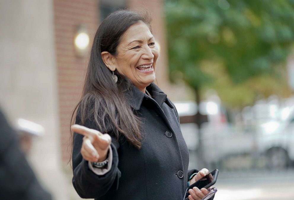 PHOTO: Rep.-elect Debra Haaland D-NM., points after checking-in for orientation for new members of Congress, Nov. 13, 2018, in Washington D.C. 