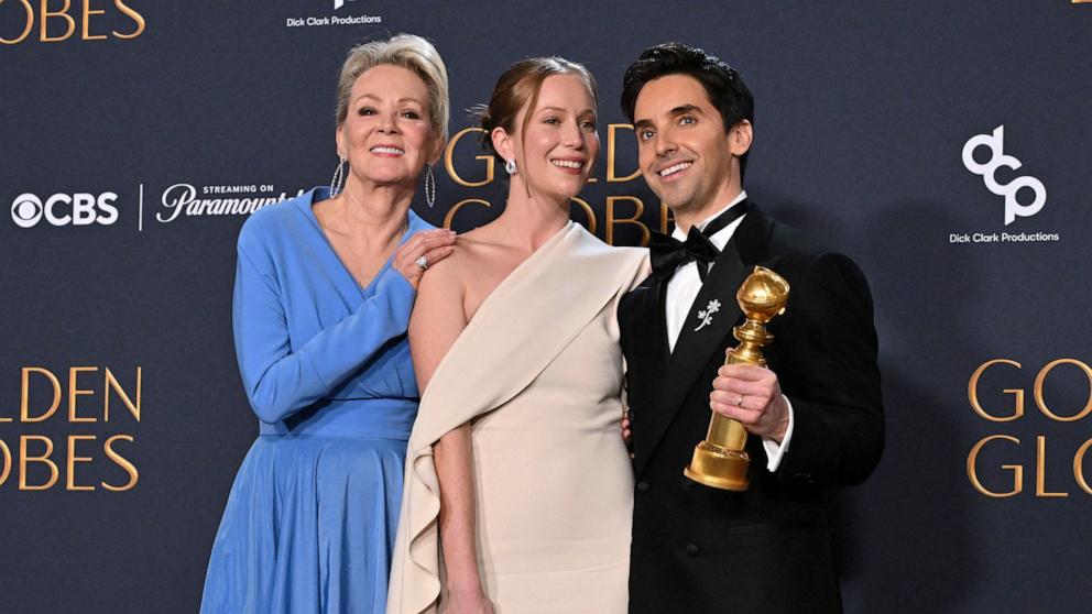 PHOTO: (L-R) Jean Smart, Hannah Einbinder and Paul Downs pose with the Best Television Series - Musical or Comedy for "Hacks" in the press room during the 82nd annual Golden Globe Awards, Jan. 5, 2025, in Beverly Hills, Calif.