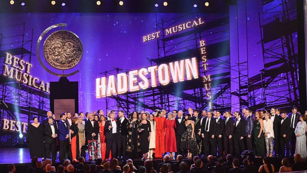 PHOTO: The company of "Hadestown," accept the award for best musical at the 73rd annual Tony Awards at Radio City Music Hall on Sunday, June 9, 2019, in New York. 