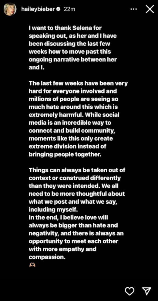 PHOTO: Hailey Bieber posted this message to her Instagram story, March 24, 2023.