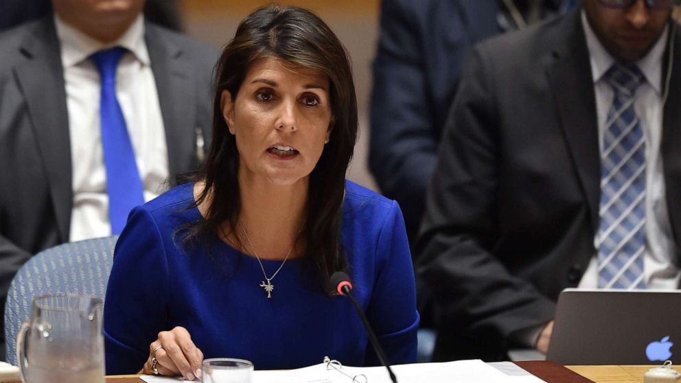 Ambassador to the UN Nikki Haley speaks during a UN Security Council meeting, at the United Nations Headquarters in New York, April 14, 2018.