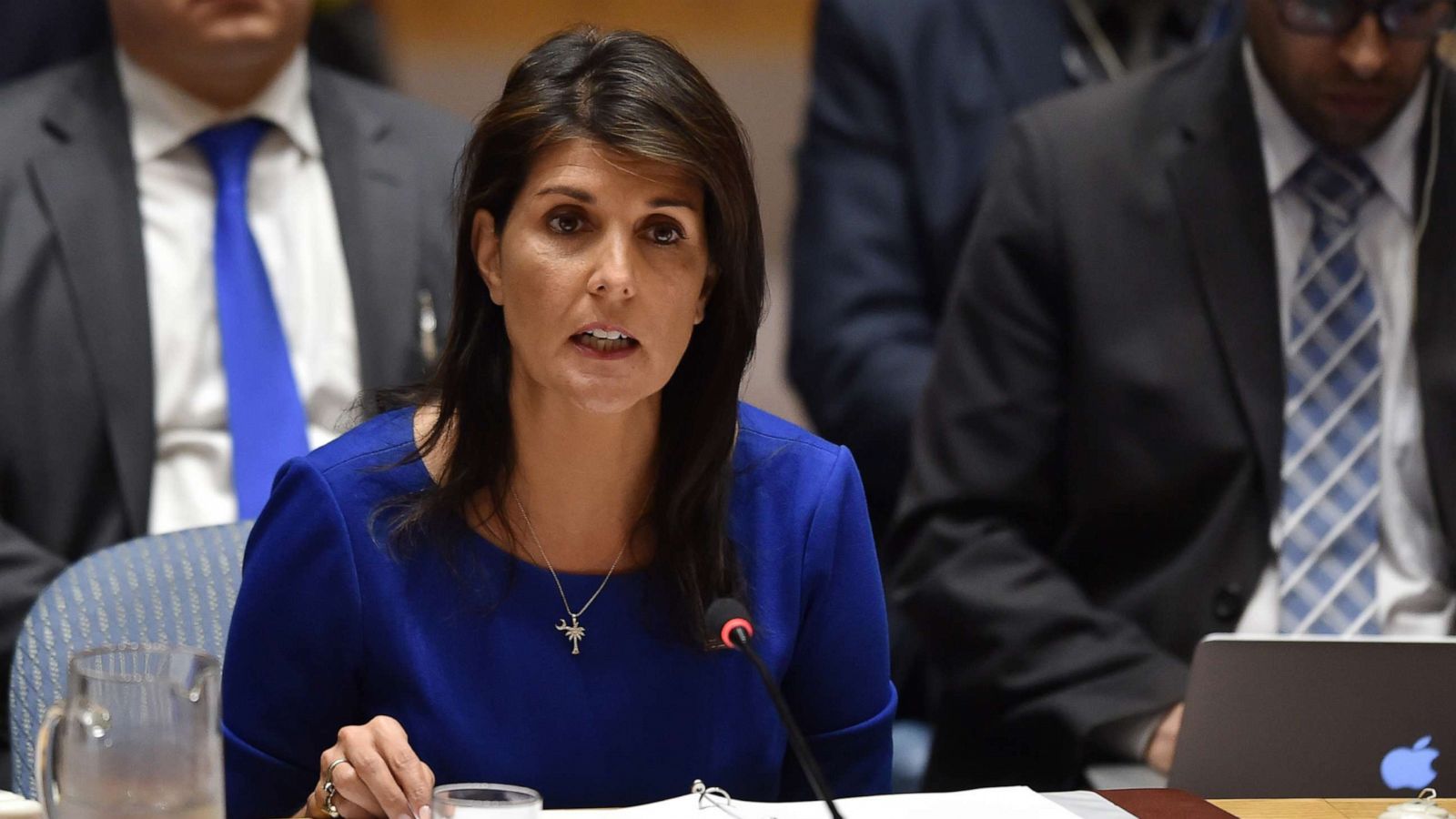 PHOTO: Ambassador to the UN Nikki Haley speaks during a UN Security Council meeting, at the United Nations Headquarters in New York, April 14, 2018.mages)