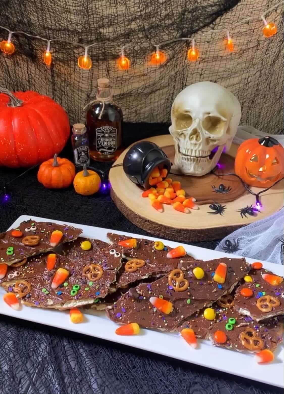 PHOTO: Festive Halloween bark with candy pieces.