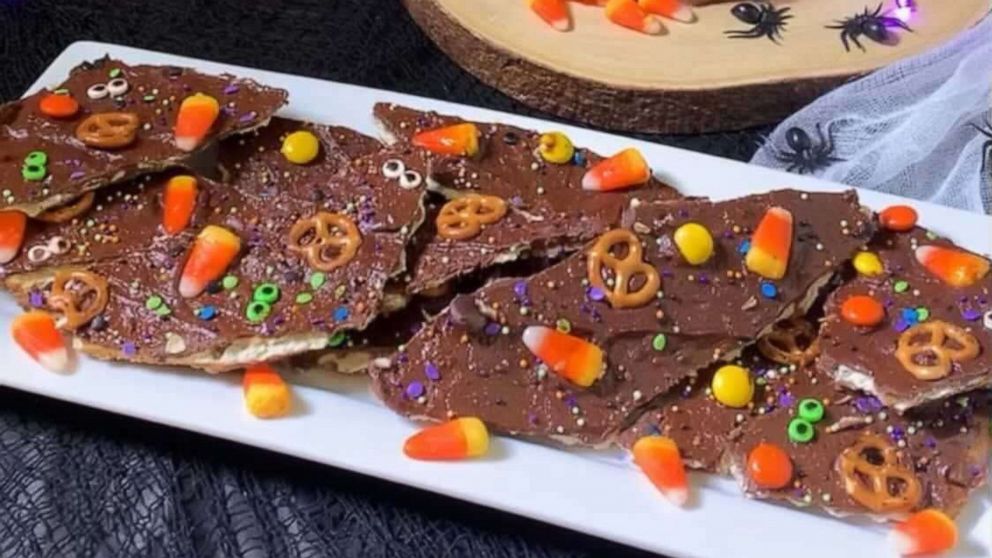 PHOTO: Festive Halloween bark with candy pieces.