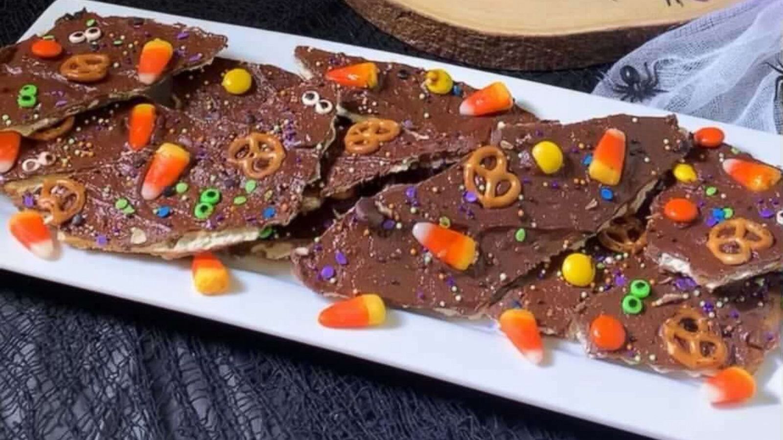 PHOTO: Festive Halloween bark with candy pieces.