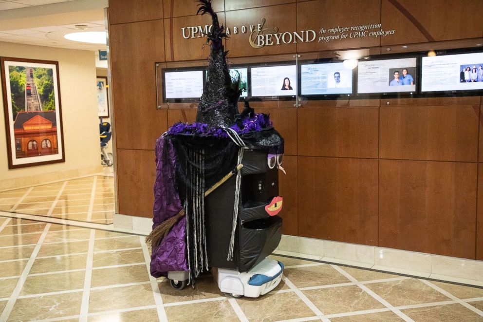 PHOTO: A TUG robot is decorated as a witch for a Halloween event at UPMC Presbyterian hospital in Pittsburgh, Oct. 26, 2018.