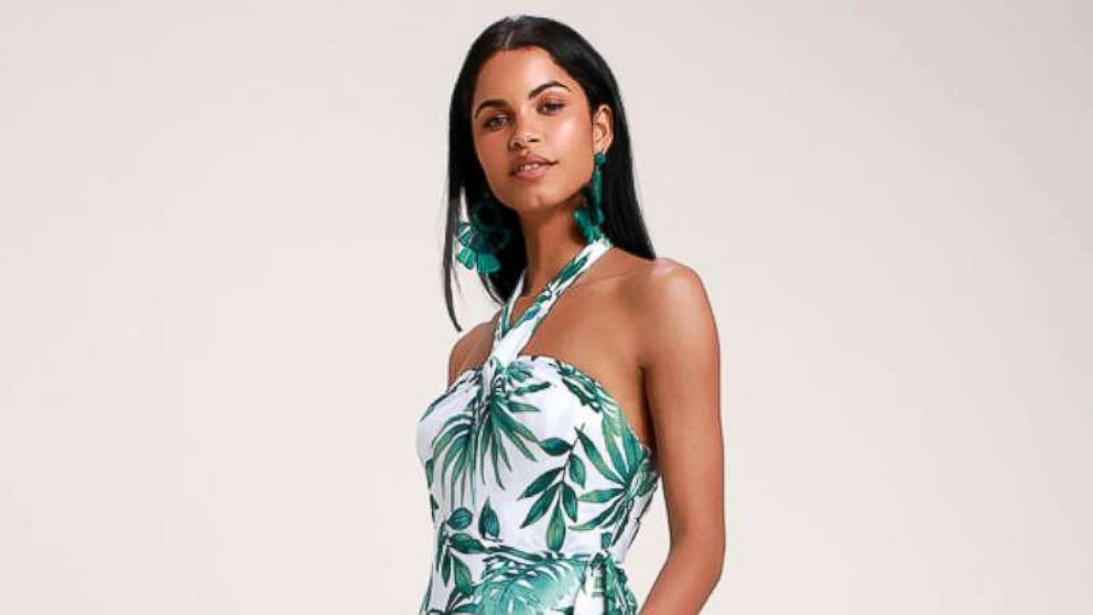 White and green leaf print halter wrap dress.
