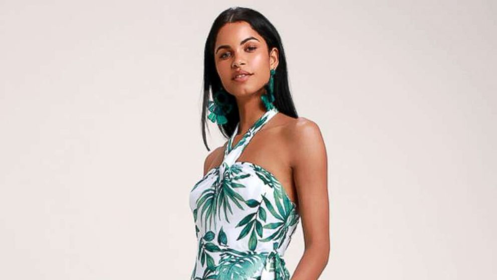 PHOTO: White and green leaf print halter wrap dress.