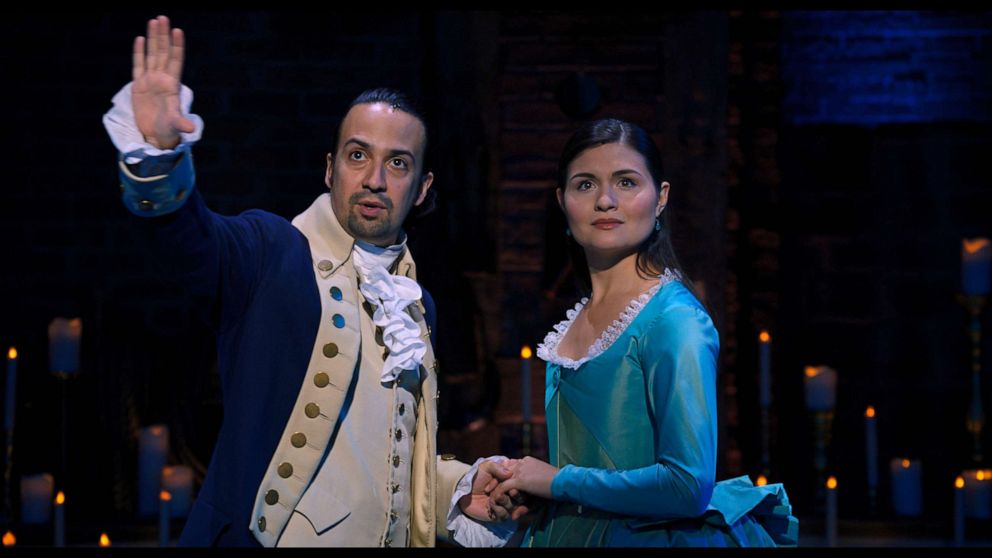 PHOTO: Lin-Manuel Miranda and Phillipa Soo appear in the filmed version of "Hamilton," streaming on Disney+.