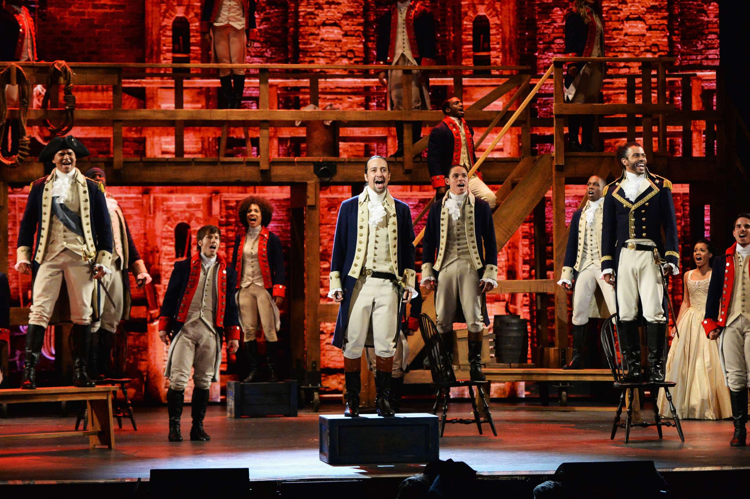 PHOTO: Lin-Manuel Miranda and the cast of 'Hamilton' perform onstage during the 70th Annual Tony Awards at The Beacon Theatre on June 12, 2016, in New York.
