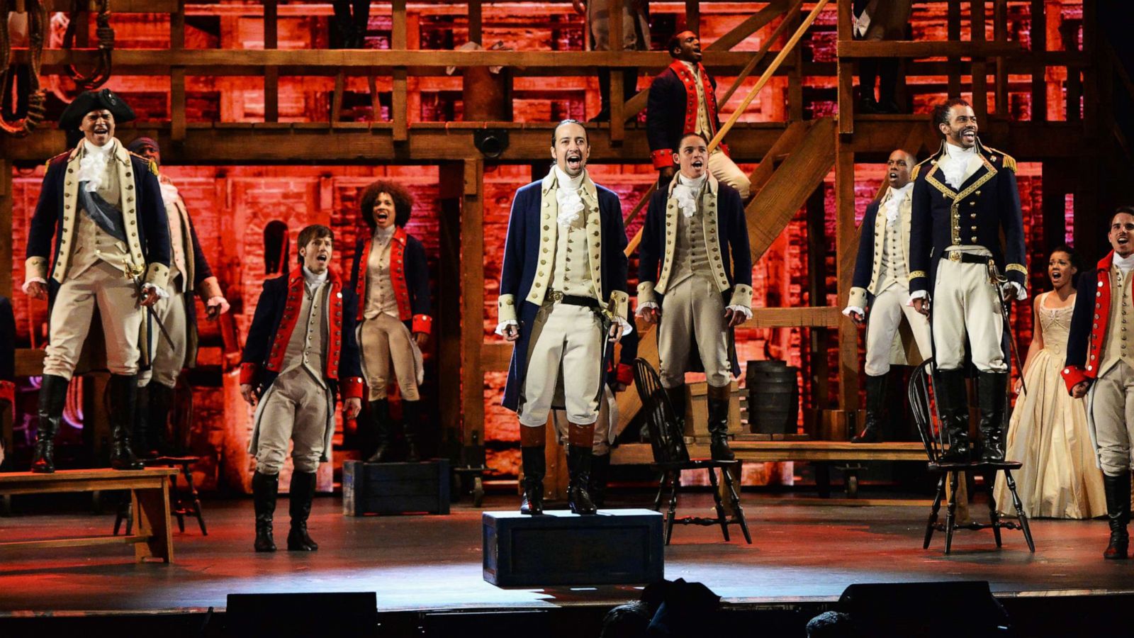 PHOTO: Lin-Manuel Miranda and the cast of 'Hamilton' perform onstage during the 70th Annual Tony Awards at The Beacon Theatre on June 12, 2016, in New York.