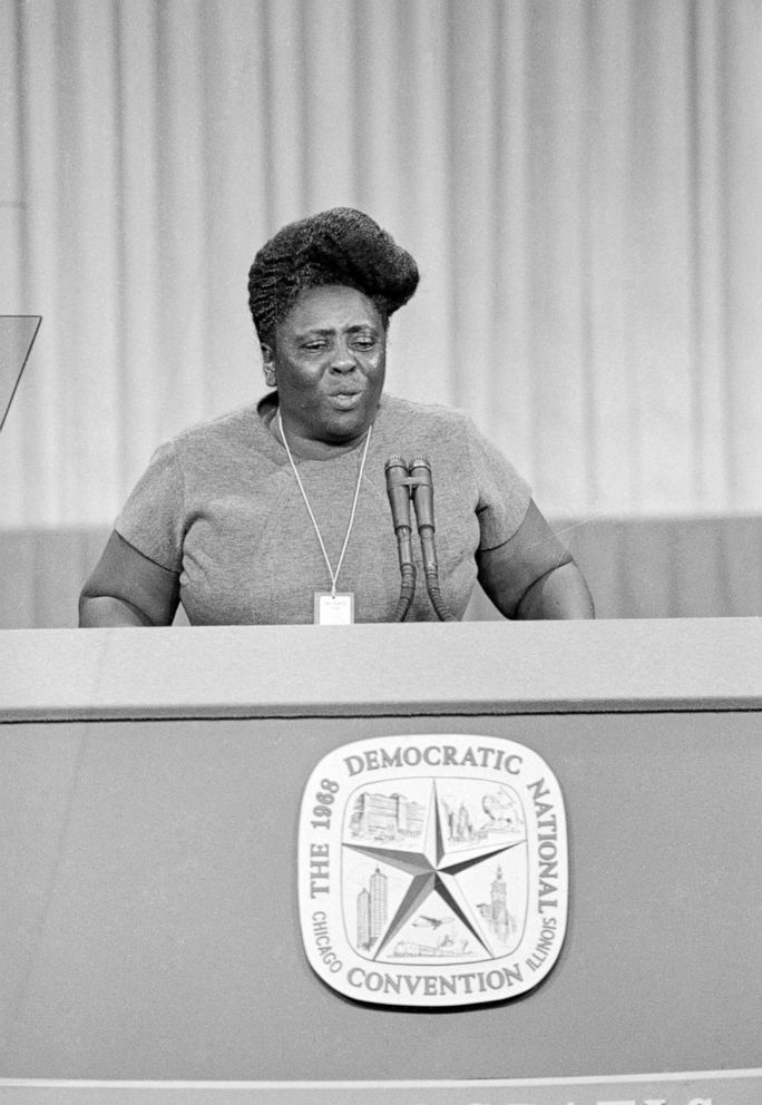 PHOTO: Fanny Lou Hamer of Mississippi addresses the delegates on the fight over Alabama credentials, during the second session of the 1968 Democratic Convention, 
Aug. 27, 1968.