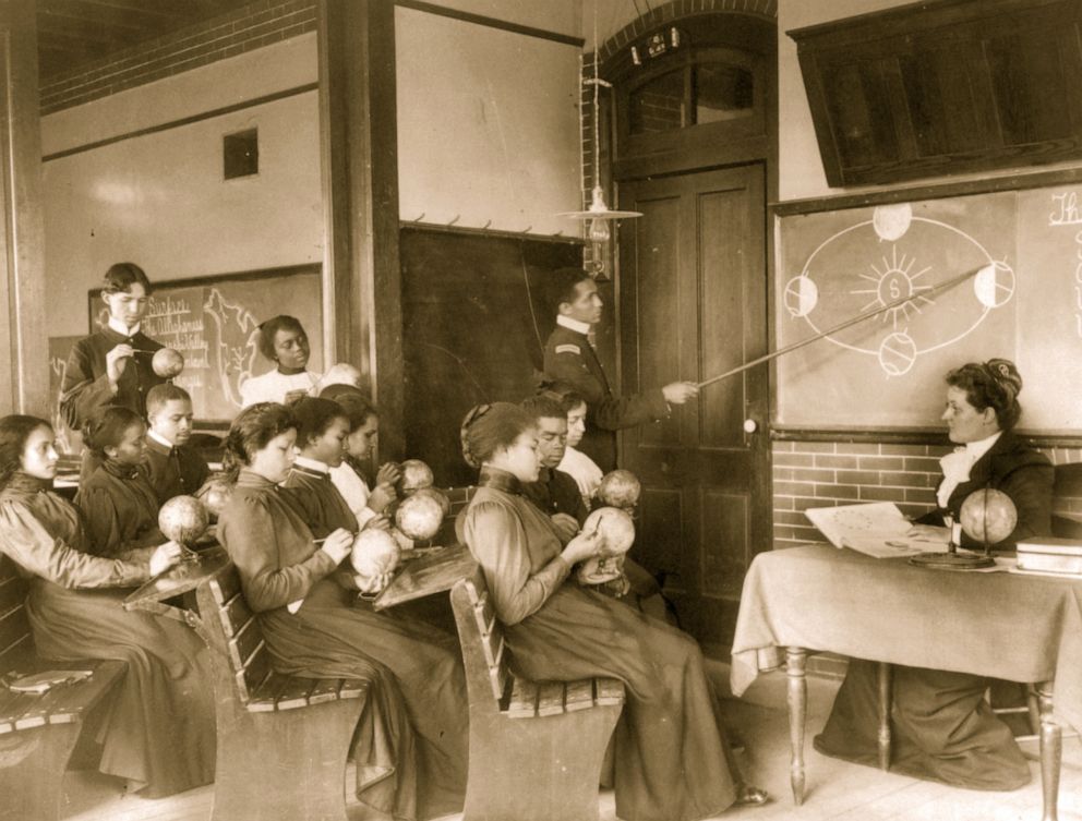 PHOTO: Students in a mathematical geography class study the earth's rotation around the sun, at the Hampton Institute, Hampton, Va., circa. 1899.