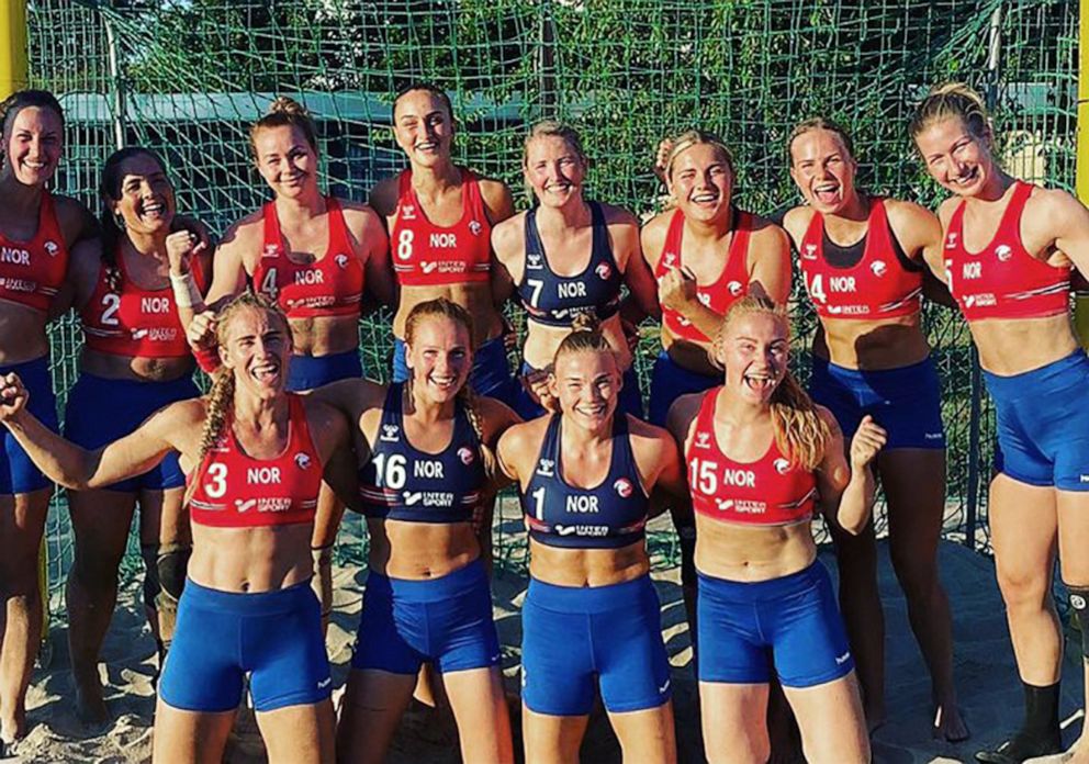 PHOTO: Norway's women's beach handball team poses for a photo that was posted to the team's Twitter account. 