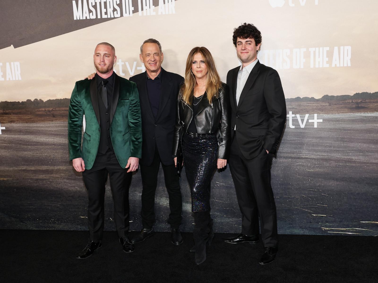 PHOTO: Chet Hanks, Tom Hanks, Rita Wilson, and Truman Hanks attend the world premiere of Apple TV+'s "Masters Of The Air" at Regency Village Theatre, Jan. 10, 2024, in Los Angeles.