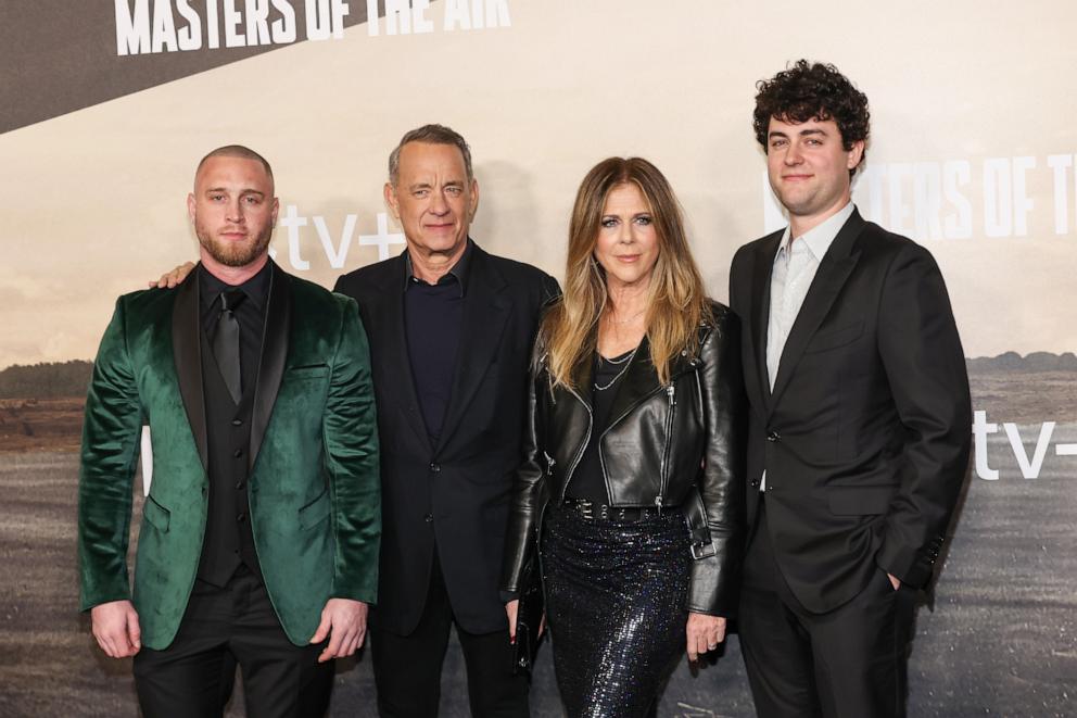 PHOTO: Chet Hanks, Tom Hanks, Rita Wilson, and Truman Hanks attend the world premiere of Apple TV+'s "Masters Of The Air" at Regency Village Theatre, Jan. 10, 2024, in Los Angeles.