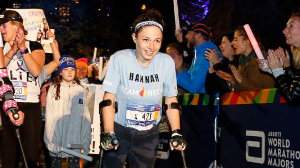 PHOTO: Hannah Gavios, right, approaches the finish line of the 2018 New York City Marathon, Nov. 4, 2018.