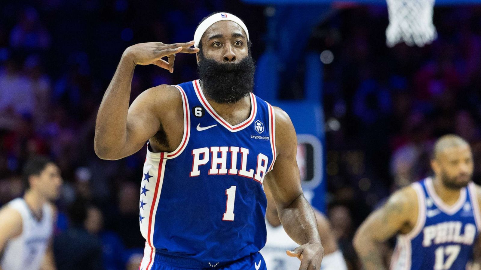 PHOTO: Philadelphia 76ers guard James Harden (1) reacts to his three point score against the Memphis Grizzlies during the fourth quarter at Wells Fargo Center on Feb 23, 2023 in Philadelphia.