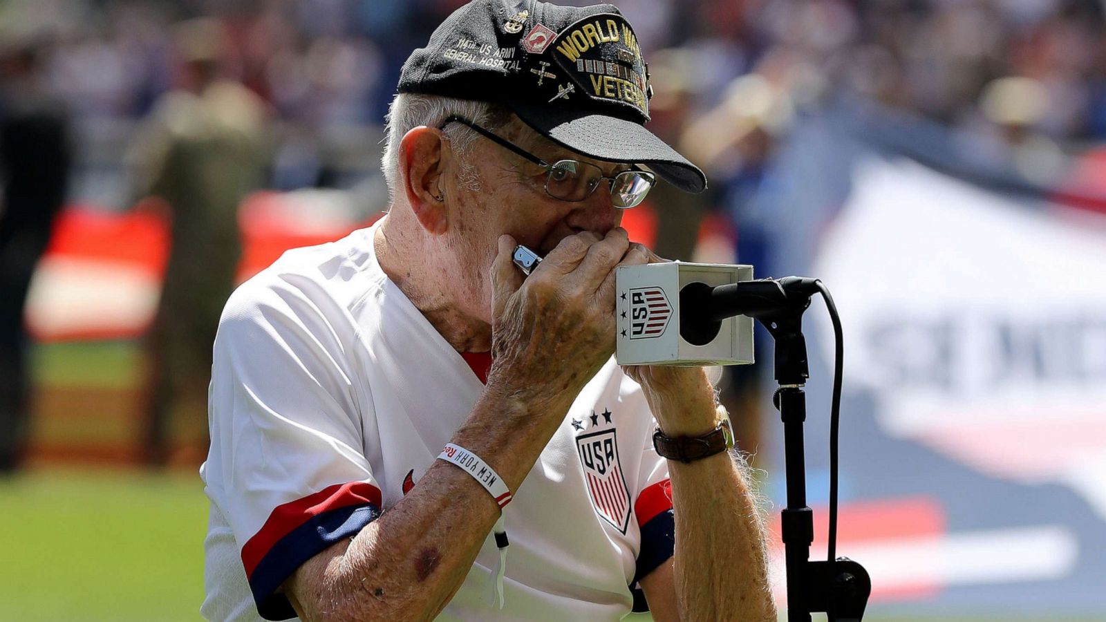 PHOTO: WWII veteran "Harmonica Pete" DuPre performs the national anthem before the match between the the United States and Mexico at Red Bull Arena, May 26, 2019, in Harrison, N.J.