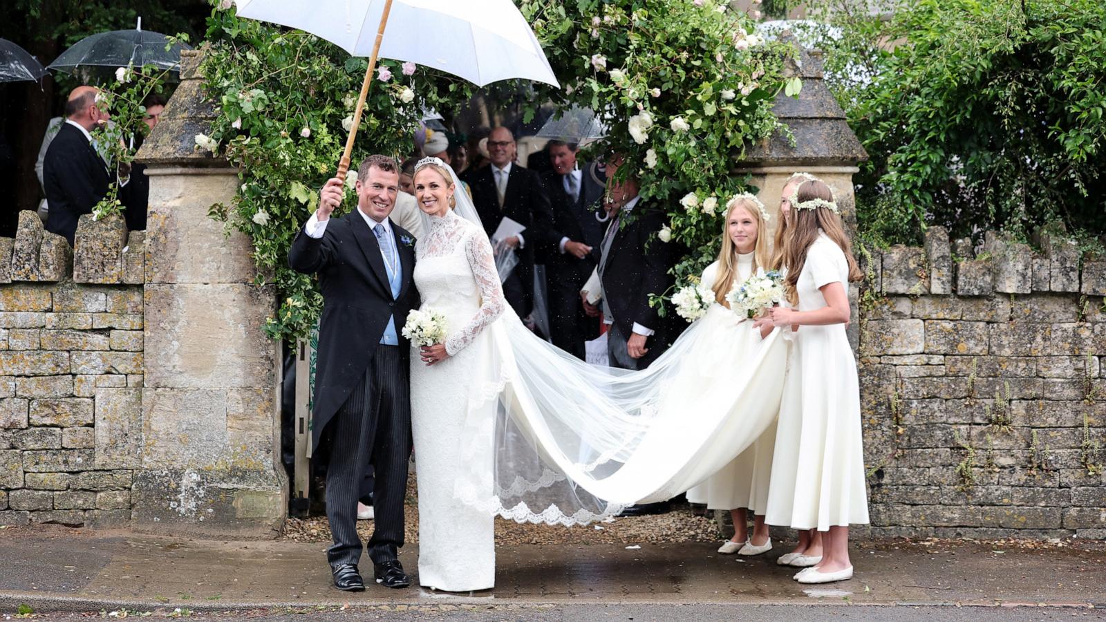 PHOTO: Peter Phillips and Harriet Sperling depart from their Royal wedding alongside bridesmaids Georgina Sperling, Savannah Phillips and Isla Phillips at All Saints' Church, on June 6, 2026, in Kemble, England.