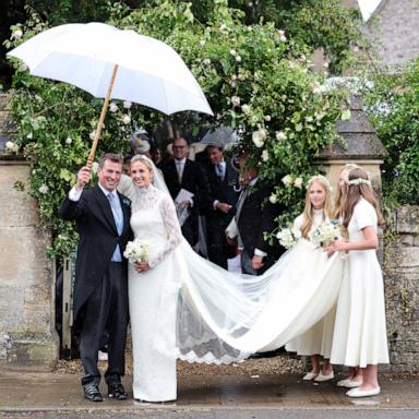 PHOTO: Peter Phillips and Harriet Sperling depart from their Royal wedding alongside bridesmaids Georgina Sperling, Savannah Phillips and Isla Phillips at All Saints' Church, on June 6, 2026, in Kemble, England. 