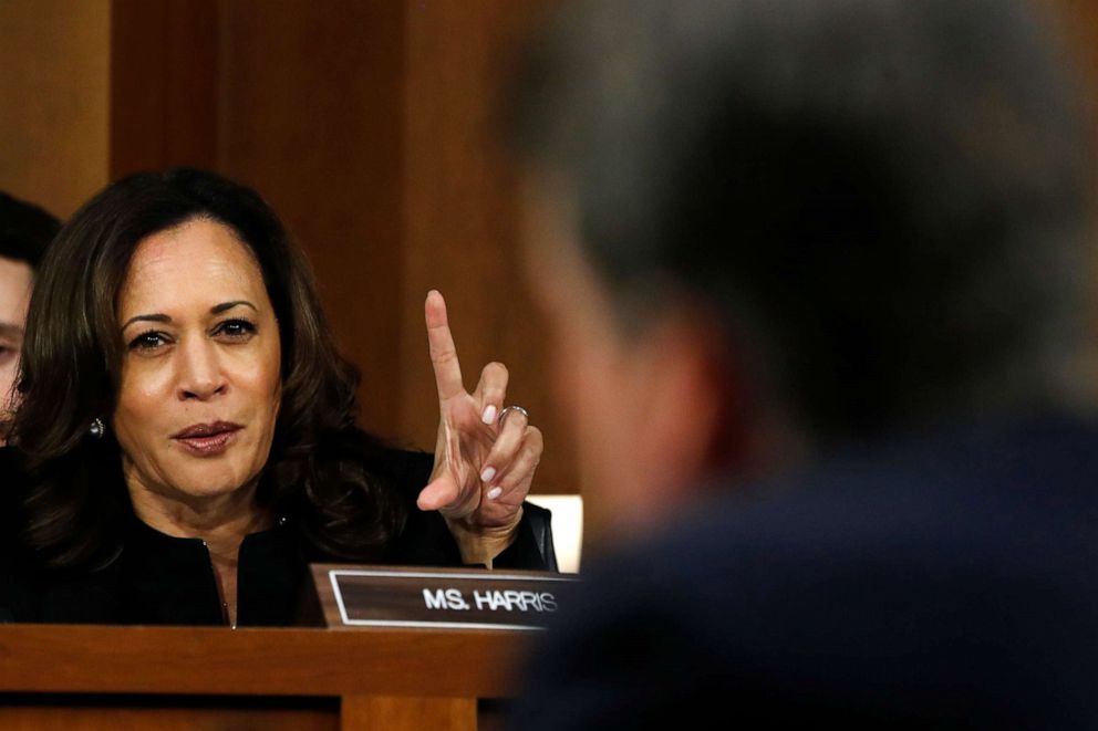 PHOTO: Sen. Kamala Harris questions President Donald Trump's Supreme Court nominee, Brett Kavanaugh, during his Senate Judiciary Committee confirmation hearing, Sept. 6, 2018, on Capitol Hill in Washington.