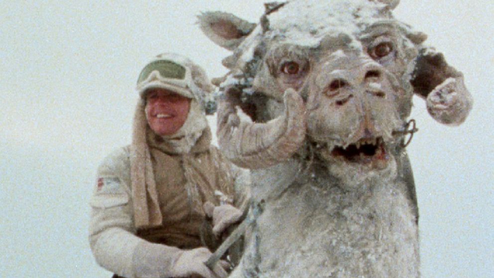 PHOTO: Actors Harrison Ford, Carrie Fisher and Mark Hamill pose with a Tauntaun creature on location in Finse, Norway in 1979 during filming of "Star Wars Episode V: The Empire Strikes Back".