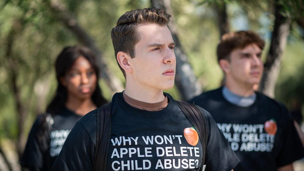 PHOTO: Harrison Haynes is pictured at a protest at Apple headquarters in Cupertino, California, on June 10, 2024.