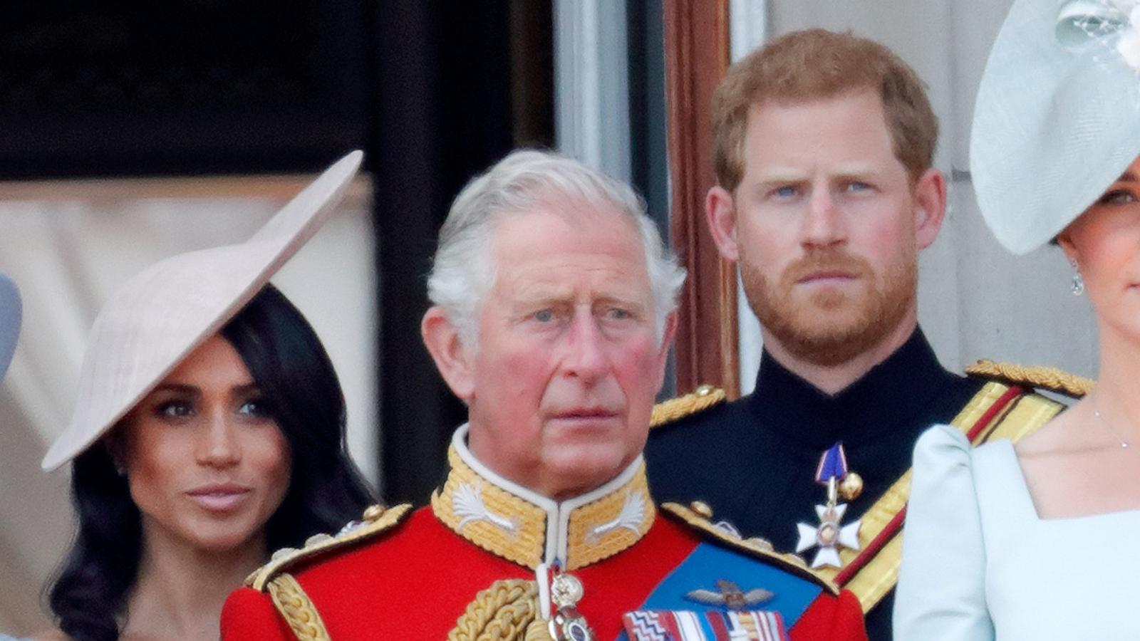 PHOTO: Meghan, Duchess of Sussex, Prince Charles, Prince of Wales and Prince Harry, Duke of Sussex stand on the balcony of Buckingham Palace during Trooping The Colour 2018, June 9, 2018, in London.