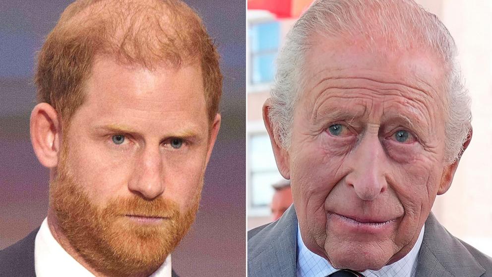 PHOTO: Britain's Prince Harry in Kyiv, Ukraine, April 23, 2026 and Britain's King Charles III in Front Royal, Va., April 30, 2026.