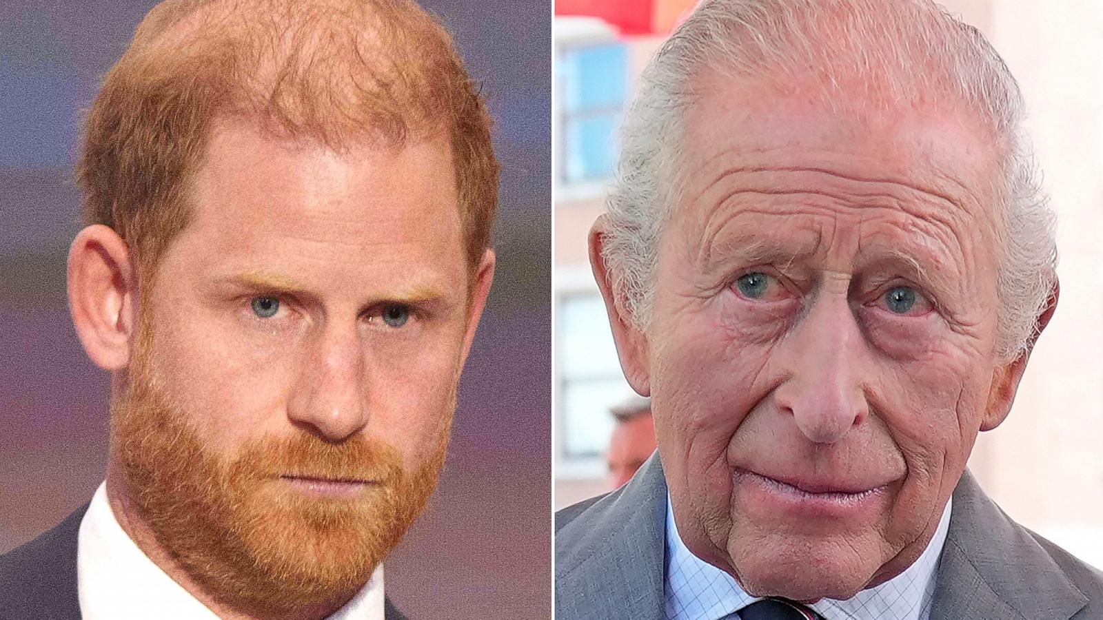PHOTO: Britain's Prince Harry in Kyiv, Ukraine, April 23, 2026 and Britain's King Charles III in Front Royal, Va., April 30, 2026.