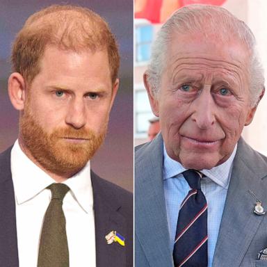 PHOTO: Britain's Prince Harry in Kyiv, Ukraine, April 23, 2026 and Britain's King Charles III in Front Royal, Va., April 30, 2026.