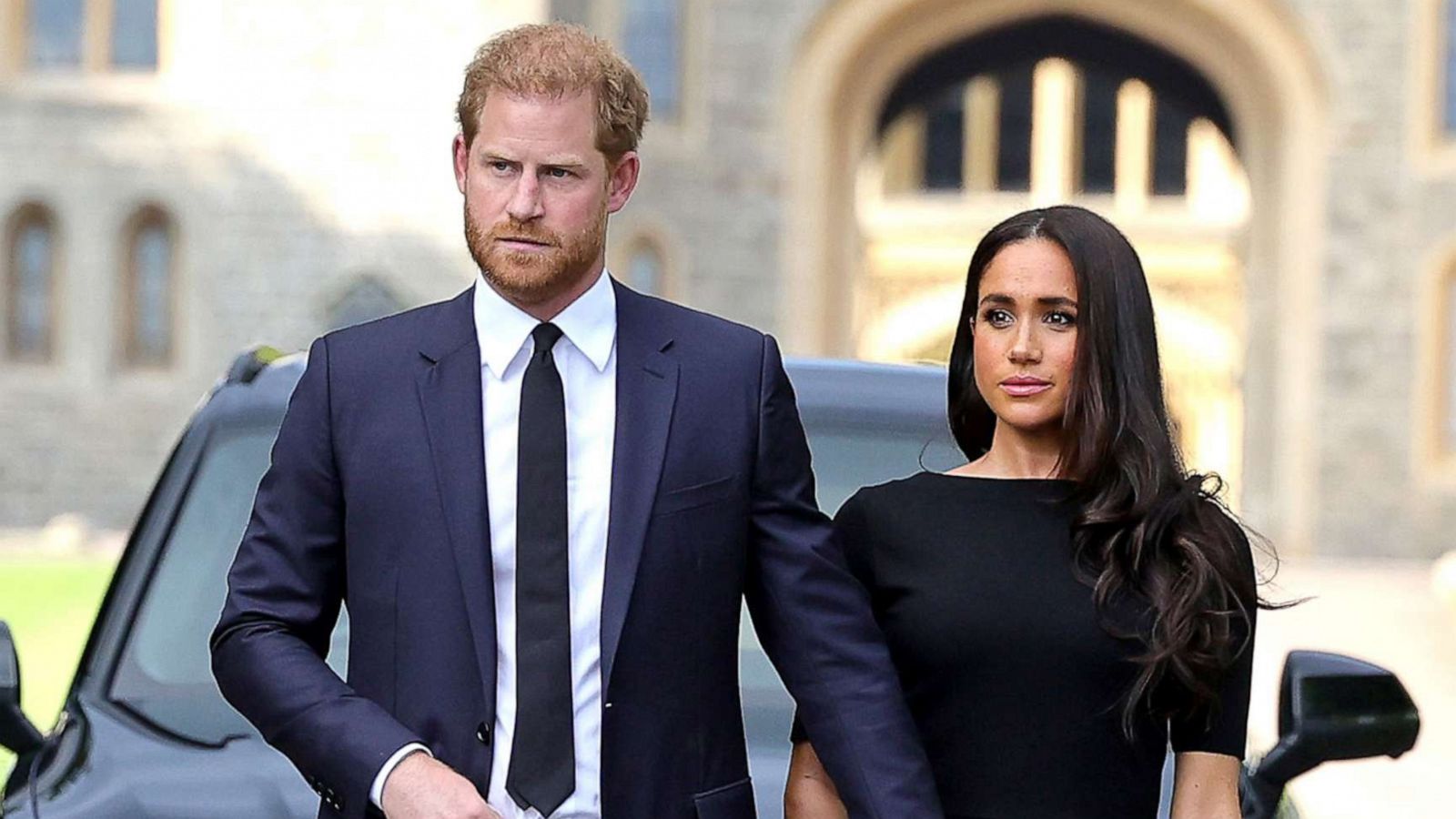 PHOTO: Prince Harry, Duke of Sussex, and Meghan, Duchess of Sussex on the long Walk at Windsor Castle arrive to view flowers and tributes to HM Queen Elizabeth, Sept. 10, 2022 in Windsor, England.